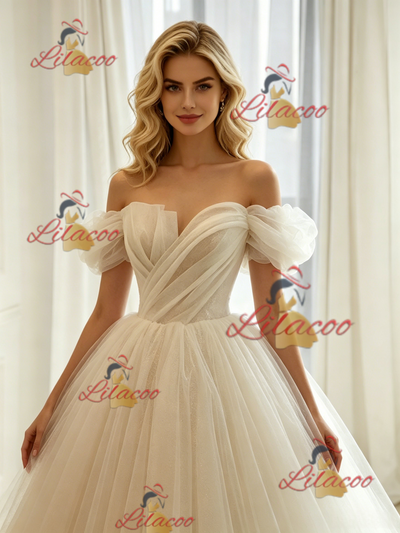 Ivory Tulle Off the Shoulder Pleats Wedding Dress