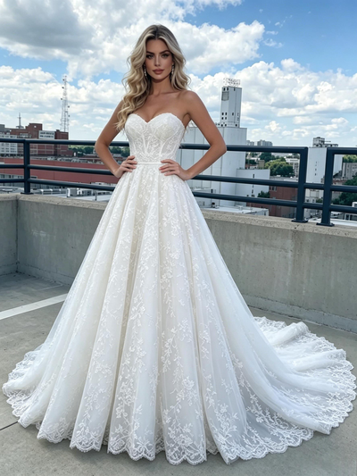 White Tulle Strapless Appliques Prom Dress