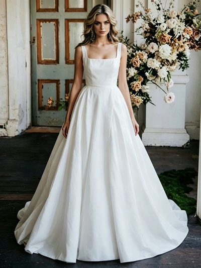 White Satin Straps Sleeveless Wedding Dress