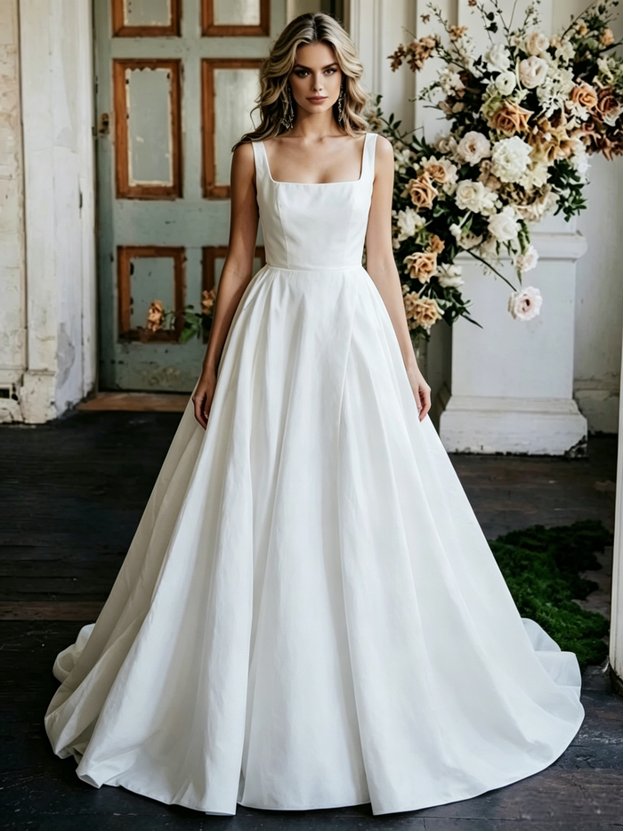White Satin Straps Sleeveless Wedding Dress