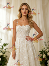 White Tulle Appliques Spaghetti Straps Wedding Dress