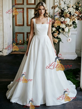 White Satin Straps Sleeveless Wedding Dress