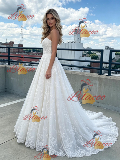 White Tulle Strapless Appliques Prom Dress