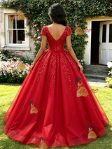 Red Sewquins V-neck Cap Sleeve Quinceanera Dress
