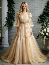 Champagne Tulle Long Sleeve Pleats Prom Dress