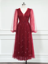 Burgundy Long Sleeve Tulle V-neck Prom Dress