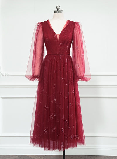 Burgundy Long Sleeve Tulle V-neck Prom Dress