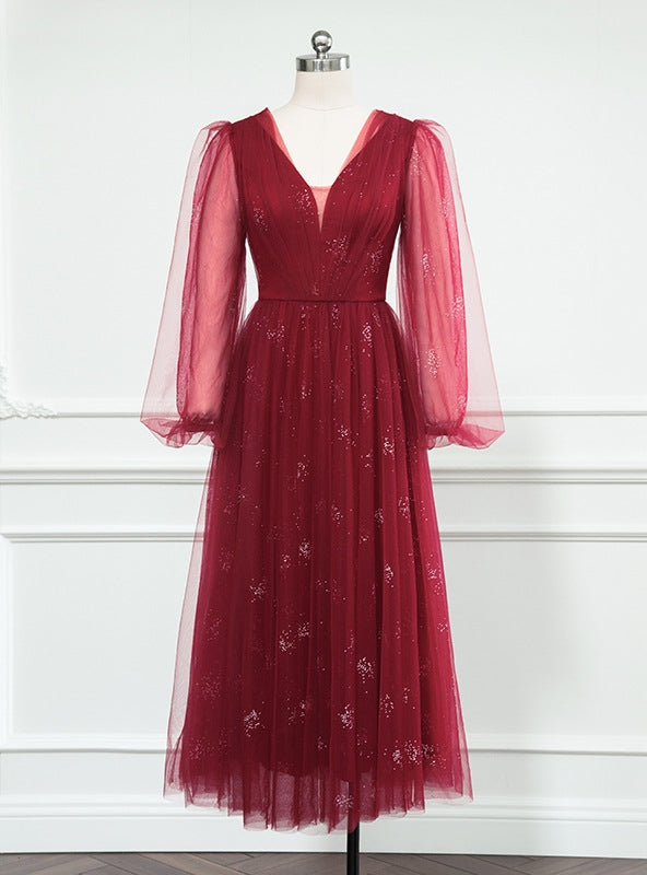Burgundy Long Sleeve Tulle V-neck Prom Dress