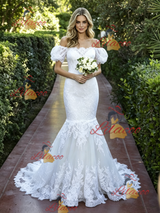 White Mermaid Lace Puff Sleeve Wedding Dress