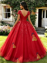 Red Sewquins V-neck Cap Sleeve Quinceanera Dress