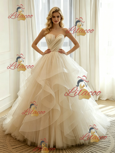 Ivory Tulle Strapless Pleats Wedding Dress
