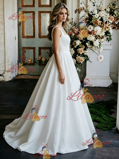 White Satin Straps Sleeveless Wedding Dress