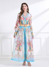 Holiday Lapel Printed Long-sleeved Dress