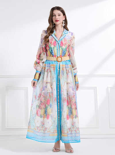 Holiday Lapel Printed Long-sleeved Dress
