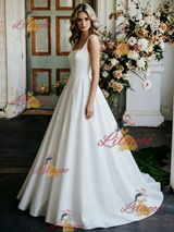 White Satin Straps Sleeveless Wedding Dress