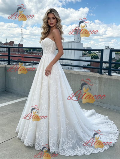 White Tulle Strapless Appliques Prom Dress