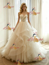 Ivory Tulle Strapless Pleats Wedding Dress