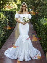 White Mermaid Lace Puff Sleeve Wedding Dress