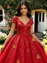 Red Sewquins V-neck Cap Sleeve Quinceanera Dress