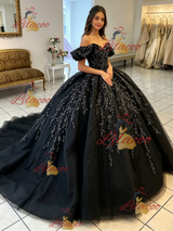 Black Tulle Appliques Off the Shoulder Quinceanera Dress