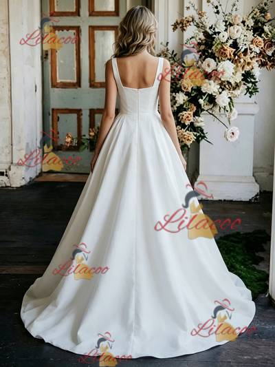 White Satin Straps Sleeveless Wedding Dress