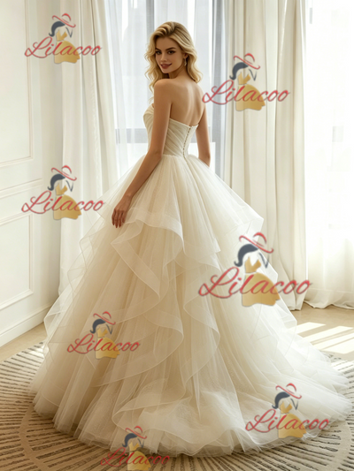 Ivory Tulle Strapless Pleats Wedding Dress