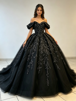 Black Tulle Appliques Off the Shoulder Quinceanera Dress