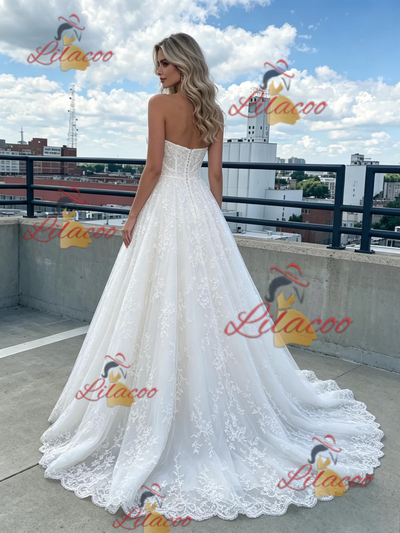 White Tulle Strapless Appliques Prom Dress