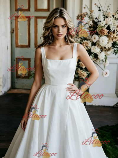 White Satin Straps Sleeveless Wedding Dress
