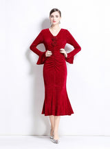 Three-dimensional Flower V-neck Trumpet Sleeve Dress