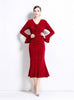 Three-dimensional Flower V-neck Trumpet Sleeve Dress