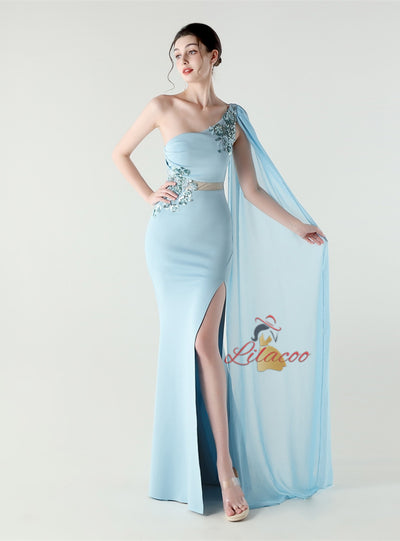 Mermaid One Shoulder Appliques Split Prom Dress