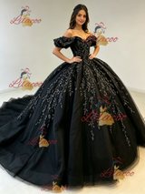 Black Tulle Appliques Off the Shoulder Quinceanera Dress