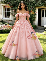 Pink Tulle Off the Shoulder 3D Flower Quinceanera Dress