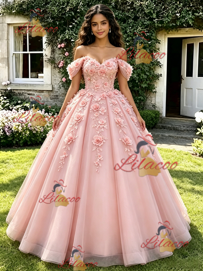 Pink Tulle Off the Shoulder 3D Flower Quinceanera Dress