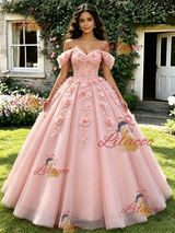 Pink Tulle Off the Shoulder 3D Flower Quinceanera Dress