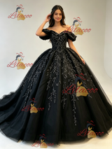 Black Tulle Appliques Off the Shoulder Quinceanera Dress
