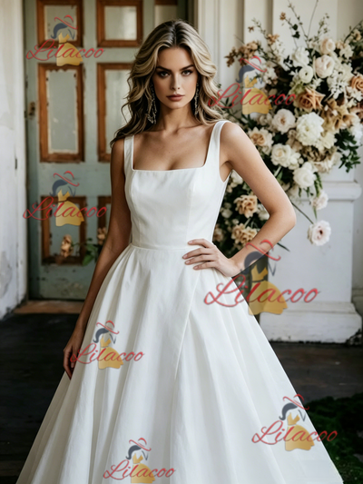 White Satin Straps Sleeveless Wedding Dress