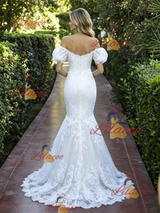 White Mermaid Lace Puff Sleeve Wedding Dress