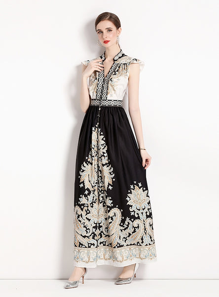 V-neck Flying Sleeve Printed Dress