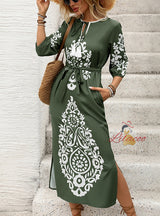 Casual Retro Ethnic Print Split Dress
