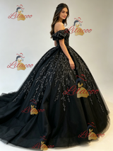 Black Tulle Appliques Off the Shoulder Quinceanera Dress