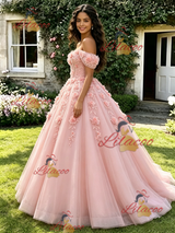 Pink Tulle Off the Shoulder 3D Flower Quinceanera Dress