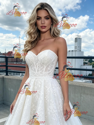 White Tulle Strapless Appliques Prom Dress