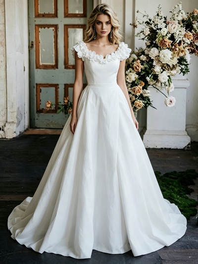White Satin Flower Wedding Dress