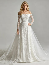 White Tulle Lace Strapless Long Sleeve Wedding Dress