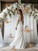 White Chiffon Appliques Long Sleeve Wedding Dress