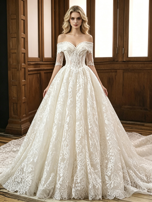 Ivory Lace Short Sleeve Off the Shoulder Wedding Dress
