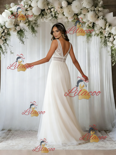Beige White Tulle V-neck Wedding Dress