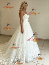 White Tulle Spaghetti Straps Butterfly Wedding Dress